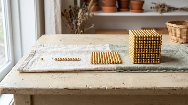 Material dourado montessoriano: unidade, dezena, centena e milhar em sequência
