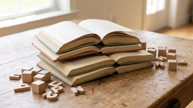 Livros abertos empilhados com letras móveis de madeira espalhadas ao redor