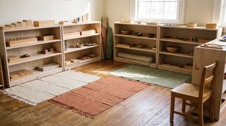 Sala montessoriana ampla com prateleiras de material e uma cadeira de adulto ao canto