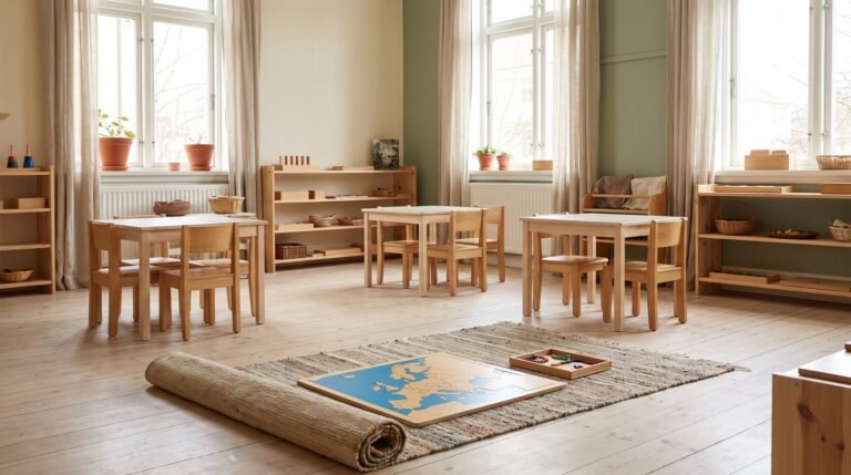 Sala montessoriana silenciosa com um tapete de trabalho e uma atividade concluída