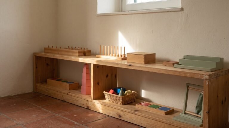 Prateleira com materiais montessorianos e um feixe de luz iluminando apenas um deles