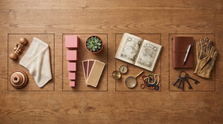 Objetos representando os quatro planos de desenvolvimento Montessori dispostos sobre madeira: chocalho e blocos de encaixe, torre rosa e letras de lixa, atlas e cadeias de contas, caderno e chaves