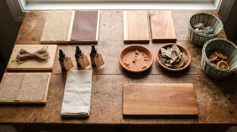 Tábuas de tato, frascos de aroma e uma venda de tecido vistos de cima